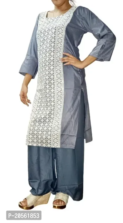 A-Line Multicoloured Chikankari Cotton Blend Kurta-thumb3