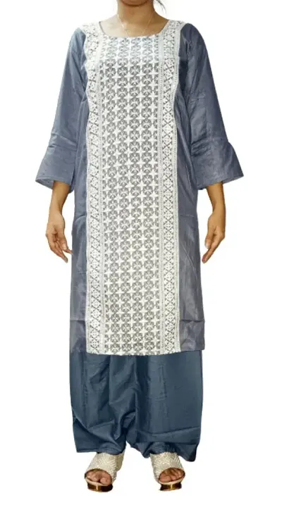 Stylish A-Line Multicoloured Chikankari Cotton Blend Kurta