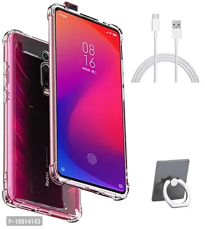 RRTBZ Transparent Soft Silicone TPU Flexible Back Cover Compatible for Xiaomi Redmi K20 Pro/Redmi K20 with Mobile Ring Holder and C-Type Data Cable