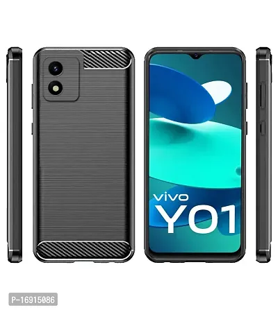 RRTBZ Carbon Fiber Shock Proof TPU Back Case Cover Compatible for Vivo Y01A /Vivo Y01 /Vivo Y15s with Screen Guard -Black-thumb2