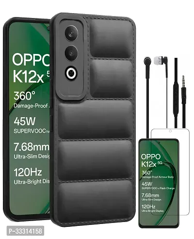 Oppo K12x Matte Soft Case Liquid Silicon Puff Case with Camera Protection Compatible for Oppo K12x 5G with Earphone and Screen Guard Black