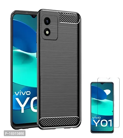 RRTBZ Carbon Fiber Shock Proof TPU Back Case Cover Compatible for Vivo Y01A /Vivo Y01 /Vivo Y15s with Screen Guard -Black