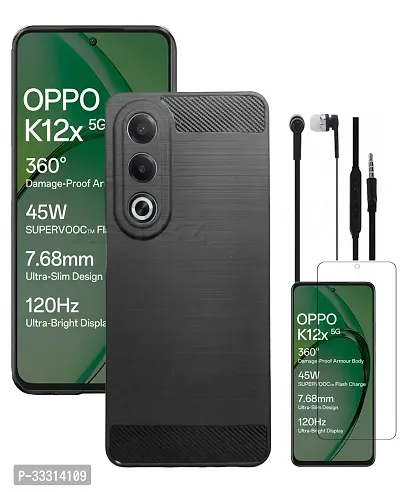 Oppo K12x Soft Flexible Hybrid Armor Back Case Compatible for Oppo K12x 5G with Earphone and Screen Guard Black-thumb0