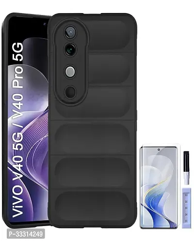 Vivo V40 V40 Pro T3 Ultra Soft Case Liquid Silicon Wave Case with Camera Protection Compatible for Vivo V40 5G V40 Pro 5G T3 Ultra 5G with UV Tempered Glass Screen Guard Black