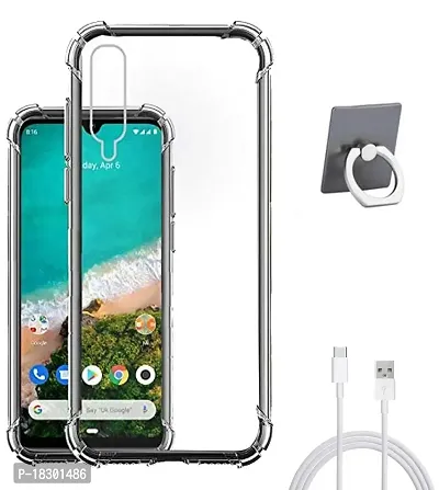 RRTBZ Transparent Soft Silicone TPU Flexible Back Cover Compatible for Xiaomi Mi A3 with Mobile Ring Holder and C-Type Data Cable