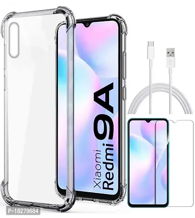 RRTBZ Transparent Soft Silicone TPU Flexible Back Cover Compatible for Xiaomi Redmi 9A with Data Cable and Screen Guard-thumb0