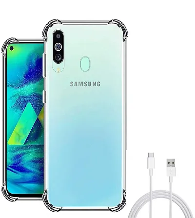 RRTBZ Transparent Soft Silicone TPU Flexible Back Cover Compatible for Samsung Galaxy M40 / A60 with C-Type Data Cable