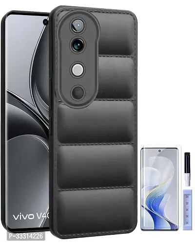 Vivo V40 V40 Pro T3 Ultra Soft Case Liquid Silicon Puff Case with Camera Protection Compatible for Vivo V40 5G V40 Pro 5G T3 Ultra 5G with UV Tempered Glass Screen Guard Black