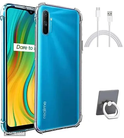 RRTBZ Transparent Soft Silicone TPU Flexible Back Cover Compatible for Realme C3 with Mobile Ring Holder and Data Cable