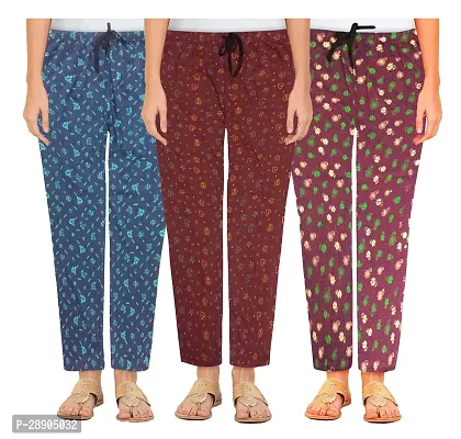 Stylish Cotton Multicoloured Printed Night Wear Pajama For Women- Pack Of 3-thumb0