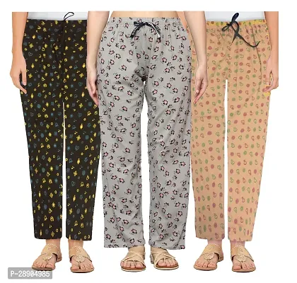 Stylish Cotton Multicoloured Printed Night Wear Pajama For Women- Pack Of 3