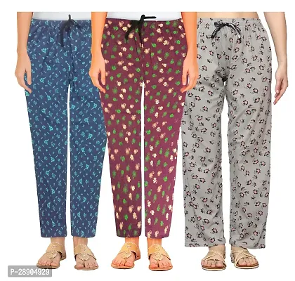 Stylish Cotton Multicoloured Printed Night Wear Pajama For Women- Pack Of 3