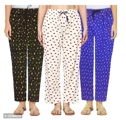 Stylish Cotton Multicoloured Printed Night Wear Pajama For Women- Pack Of 3-thumb0