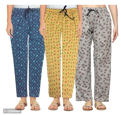 Stylish Cotton Multicoloured Printed Night Wear Pajama For Women- Pack Of 3