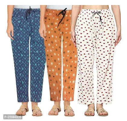 Stylish Cotton Multicoloured Printed Night Wear Pajama For Women- Pack Of 3