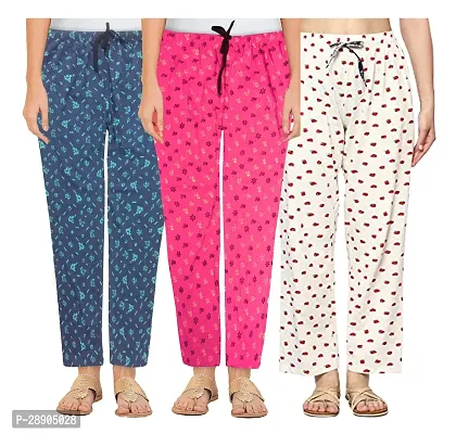 Stylish Cotton Multicoloured Printed Night Wear Pajama For Women- Pack Of 3