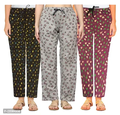 Stylish Cotton Multicoloured Printed Night Wear Pajama For Women- Pack Of 3