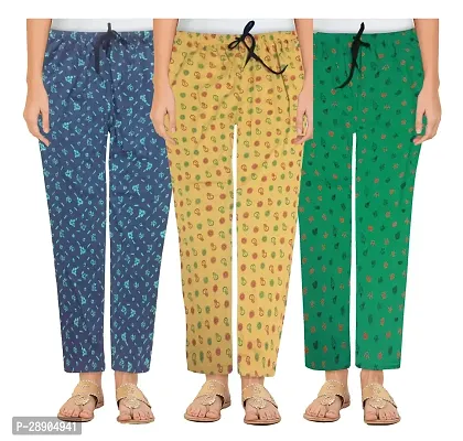 Stylish Cotton Multicoloured Printed Night Wear Pajama For Women- Pack Of 3-thumb0