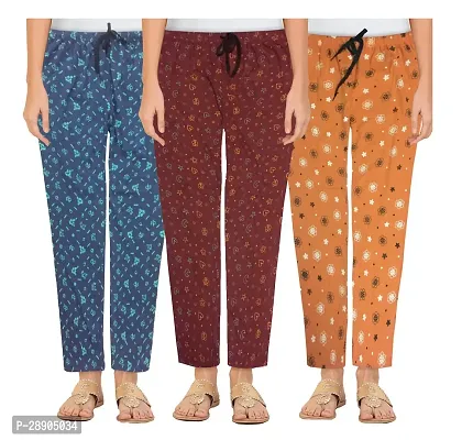 Stylish Cotton Multicoloured Printed Night Wear Pajama For Women- Pack Of 3