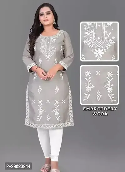 Stylish Grey Embroidered Cotton Kurta For Women