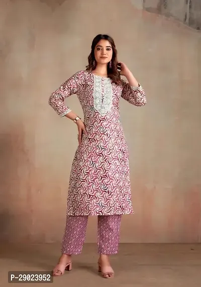 Stylish Purple Abstract Printed Cotton Kurta Pant Set For Women