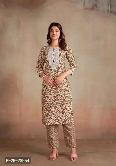 Stylish Brown Abstract Printed Cotton Kurta Pant Set For Women