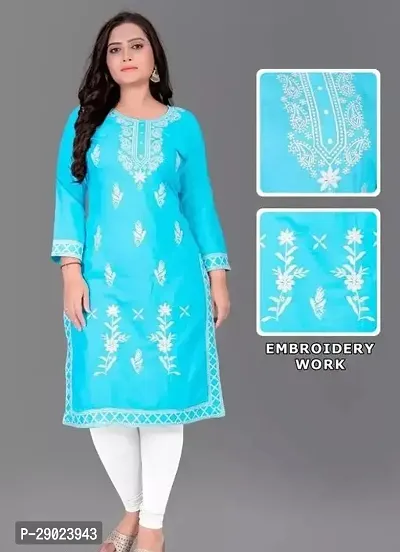 Stylish Turquoise Embroidered Cotton Kurta For Women-thumb0