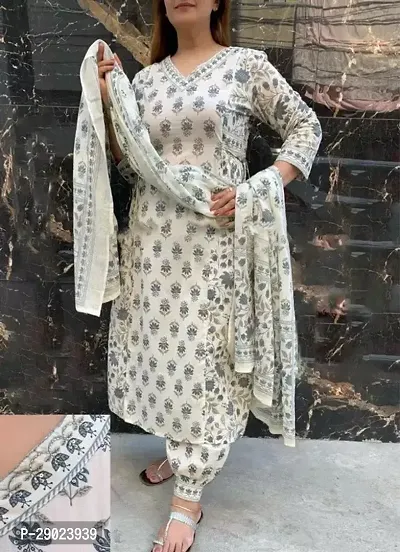 Stylish White Floral Printed Cotton Kurta Pant With Dupatta For Women