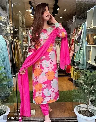 Stylish Pink Floral Printed Rayon Kurta Pant With Dupatta For Women-thumb0