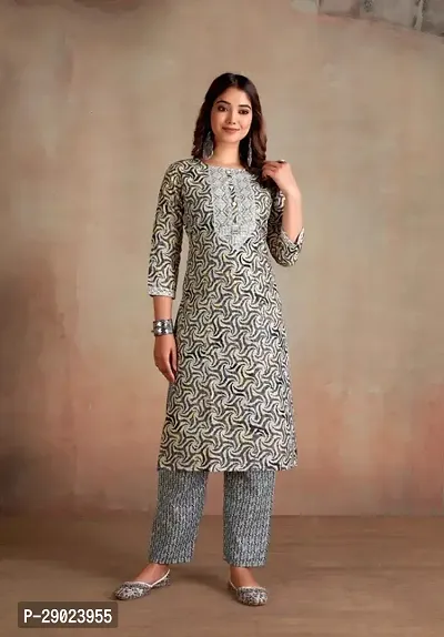 Stylish Grey Abstract Printed Cotton Kurta Pant Set For Women