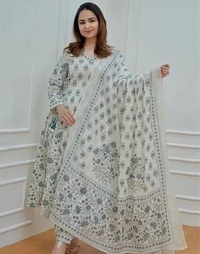 Stylish Cotton Printed Kurta Bottom Dupatta Set