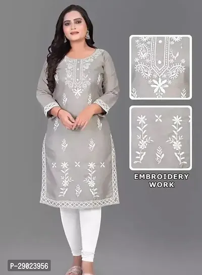 Stylish Grey Embroidered Rayon Kurta For Women-thumb0