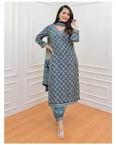 Stylish Cotton Printed Kurta Bottom Dupatta Set