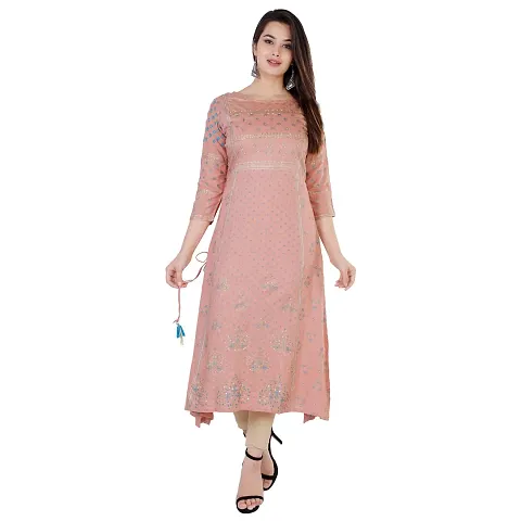 A UNIQUE Women's Rayon Handwork Straight Kurta | Peach, XL