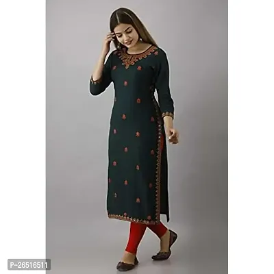 Women Embroidered, Embellished Rayon Straight Kurtanbsp;nbsp;(Dark Green)