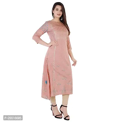 A UNIQUE Women's Rayon Handwork printed Straight Kurta (Peach, Large, 2019TUC1062)-thumb3