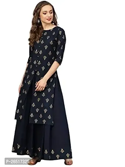 A UNIQUE Women's Rayon Printed Designer Kurta and Plazo Set Dark Blue