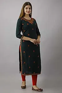 Women Embroidered, Embellished Rayon Straight Kurtanbsp;nbsp;(Dark Green)-thumb2