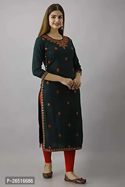 Women Embroidered, Embellished Rayon Straight Kurtanbsp;nbsp;(Dark Green)-thumb3