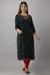 Women Embroidered, Embellished Rayon Straight Kurtanbsp;nbsp;(Dark Green)-thumb1