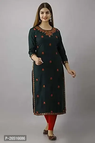 Women Embroidered, Embellished Rayon Straight Kurtanbsp;nbsp;(Dark Green)-thumb2