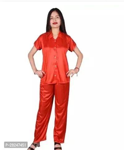 Stylish Red Satin Solid Top And Pyjama Set Nightdress For Women