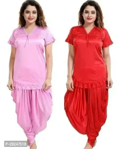 Stylish Multicoloured Satin Solid Top And Pyjama Set Nightdress For Women Pack Of 2