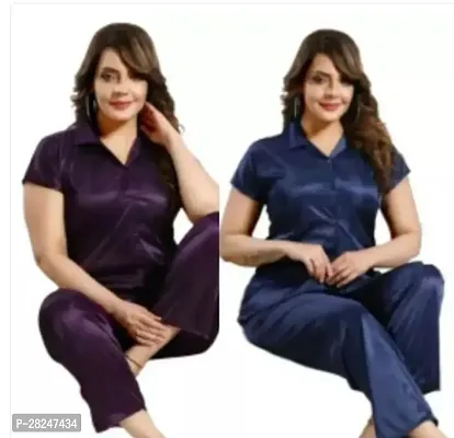 Stylish Multicoloured Satin Solid Top And Pyjama Set Nightdress For Women Pack Of 2-thumb0