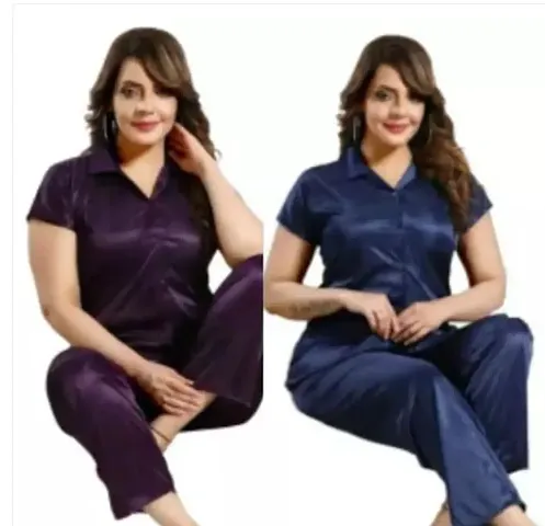 Stylish Satin Solid Top And Pyjama Set Nightdress For Women Pack Of 2