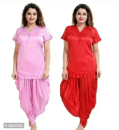 Stylish Multicoloured Satin Solid Top And Pyjama Set Nightdress For Women Pack Of 2