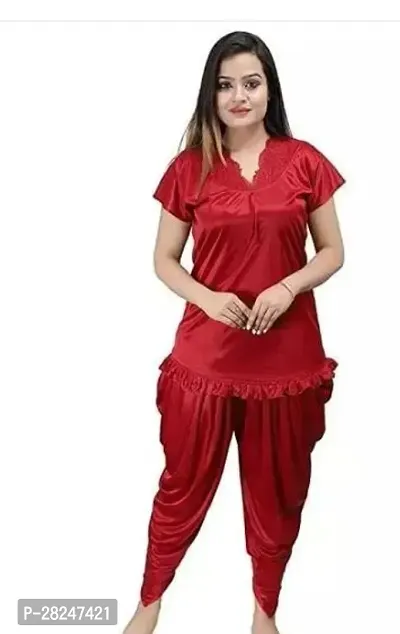 Stylish Maroon Satin Solid Top And Pyjama Set Nightdress For Women-thumb0