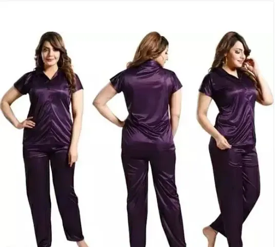 Stylish Satin Solid Top And Pyjama Set Nightdress For Women