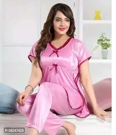 Stylish Pink Satin Solid Top And Pyjama Set Nightdress For Women