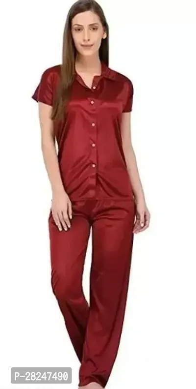 Stylish Brown Satin Solid Top And Pyjama Set Nightdress For Women-thumb0